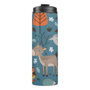 Garrafa Térmica Animais florestais, azul, estilo escandinavo