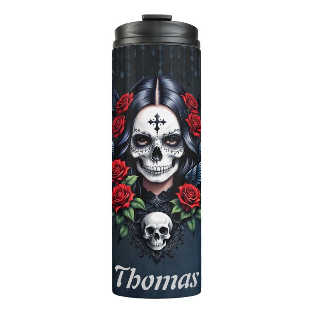 Garrafa Térmica Anjo do Crânio de Açúcar com Rosas. (Frente)