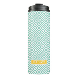 Garrafa Térmica Aqua e Monograma de Chave Grego Amarelo