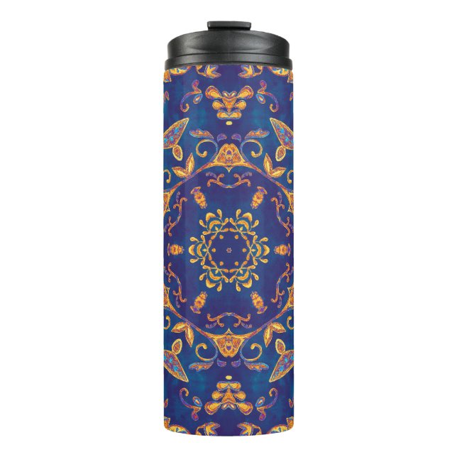 Garrafa Térmica Aquarela Caleidoscópio Mandala Design Oriental. (Frente)