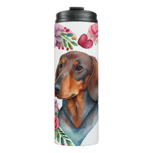 Garrafa Térmica Aquarela Dachshund arredondada por coração colorid