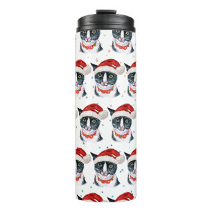 Garrafa Térmica Aquarela de Gato Preto e Branco Engraçado de Natal