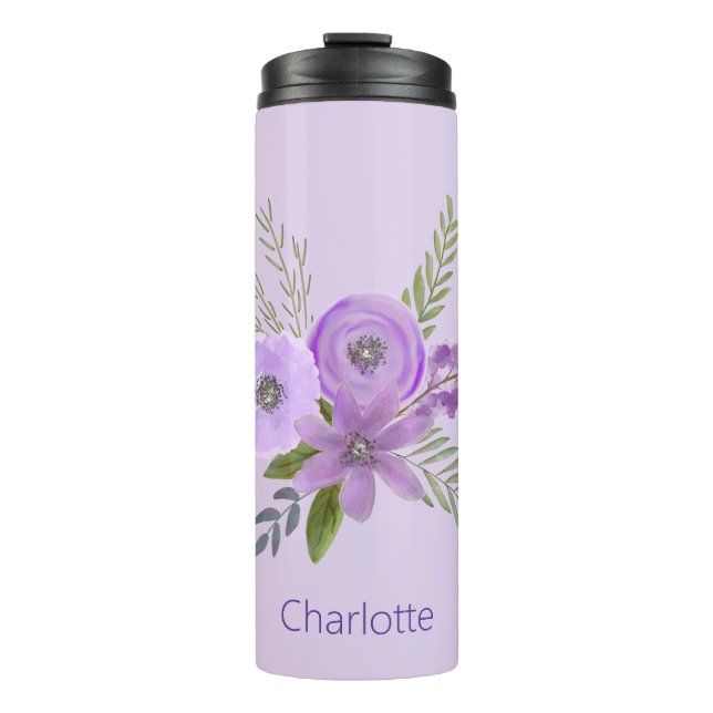 Garrafa Térmica Aquarela Floral Violeta Personalizada (Frente)