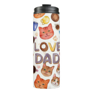 Garrafa Térmica Aquarela "LOVE DAD" Gatos & Café Padrão Sem Emenda