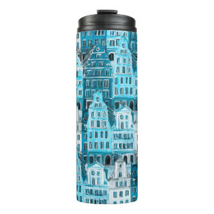 Garrafa Térmica Arquitetura de Amsterdã, textura azul de aquarela.