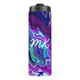 Garrafa Térmica Arte Abstrato de Fluidos Roxos, Azuis e Teais