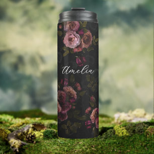 Garrafa Térmica Arte Botânica Burgundy Rosa Escuro Elegante