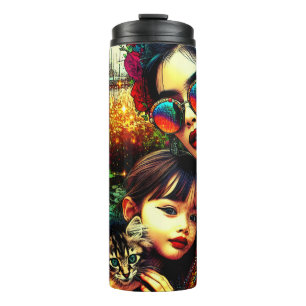 Garrafa Térmica Arte Colorido Mãe e Filha Jardim de Flores Asiátic