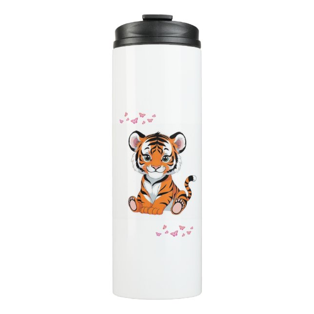 Garrafa Térmica Arte de Bebê Tigre com Borboletas Rosa - (Frente)