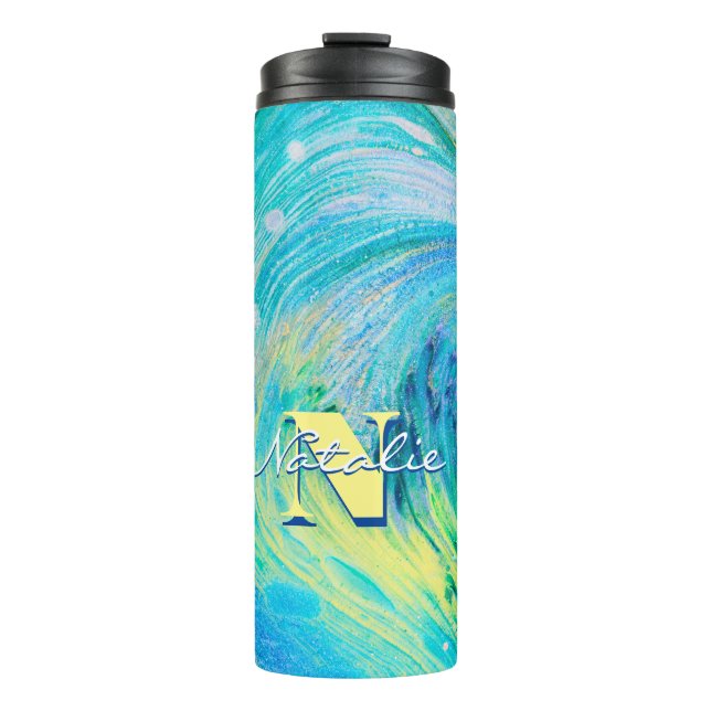 Garrafa Térmica Arte de Fluxo Acrilato Azul Aqua (Frente)