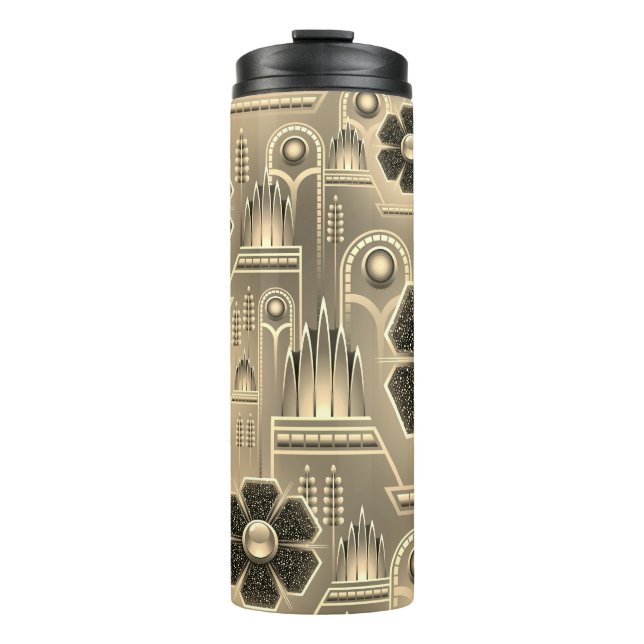 Garrafa Térmica Arte deco padrão floral dourado vinheta geométrica (Frente)