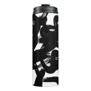 Garrafa Térmica Arte Dourada Luxuosa: Traço Preto Abstrato.
