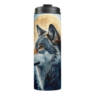 Garrafa Térmica Arte em Aquarela do Lobo da Lua Mística Floresta