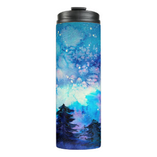 Garrafa Térmica Arte espacial em aquarela com céu noturno e árvo