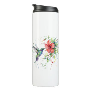Garrafa Térmica Arte Floral em Aquarela de Beija-flor Colorido da