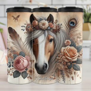 Garrafa Térmica Arte Floral Equestre Pena de Pavão