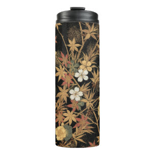 Garrafa Térmica Arte Floral Outonal em Preto Dourado Japonês Vinta