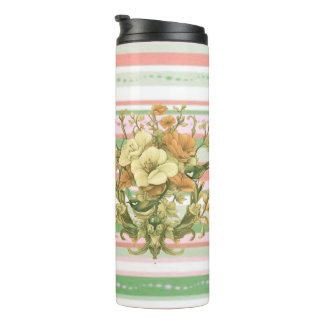 Garrafa Térmica Arte floral vintage com listras rosa