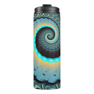 Garrafa Térmica Arte Fractal Espiral Azul Turquesa Abstrato Laranj