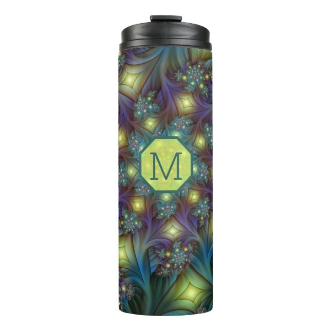 Garrafa Térmica Arte Fractal Roxa Roxa Abstrato brilhante iluminad (Frente)