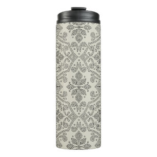 Garrafa Térmica Arte Linear de Damasco Floral Boho, Preto sobre Be