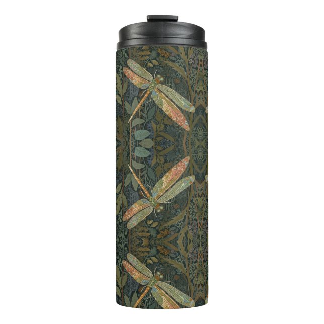 Garrafa Térmica Arte nova vintage libélula verde dourada (Frente)