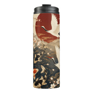 Garrafa Térmica Arte Personalizado Elegante de Koi e Grou Japonês