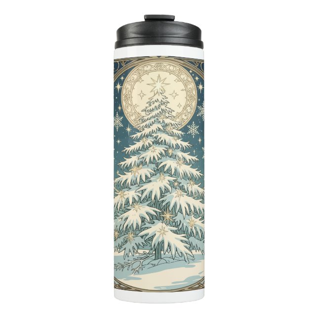 Garrafa Térmica Árvore de Natal Yule Com Neve E Enfeites Em Forma  (Frente)