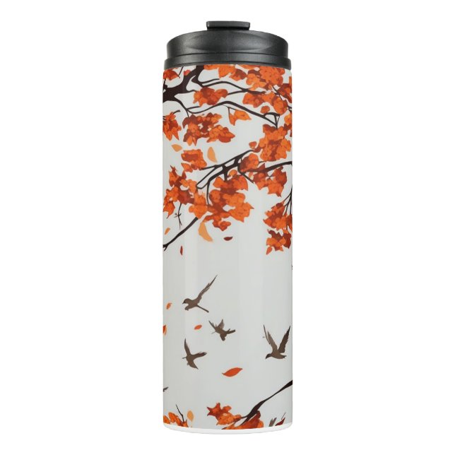 Garrafa Térmica Árvore de outono com Folhas e Aves. (Frente)