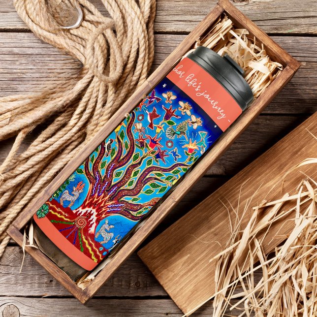 Garrafa Térmica Árvore Eclética De Boho Elegante (Tree of Life tumbler in peach and blue bright colors.)