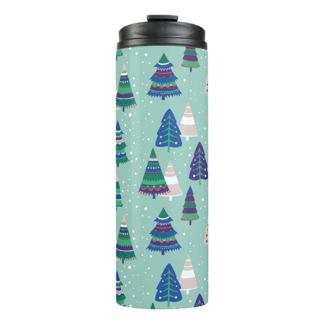 Garrafa Térmica Árvores de Natal, fundo azul (Frente)