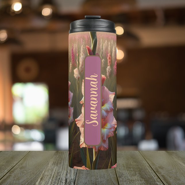 Garrafa Térmica August Birth Flower Gladiolus Personalizado 16 oz (Personalized 20 oz Thermal Tumbler With Birth Flower Gladiolus Design for the Month of August.)