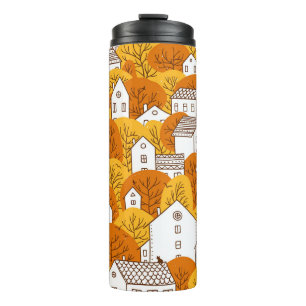 Garrafa Térmica Autumn Cityscape, Trees Houses Pattern.