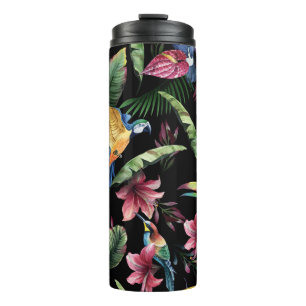 Garrafa Térmica Aves tropicais, flores: padrão de aquarela.