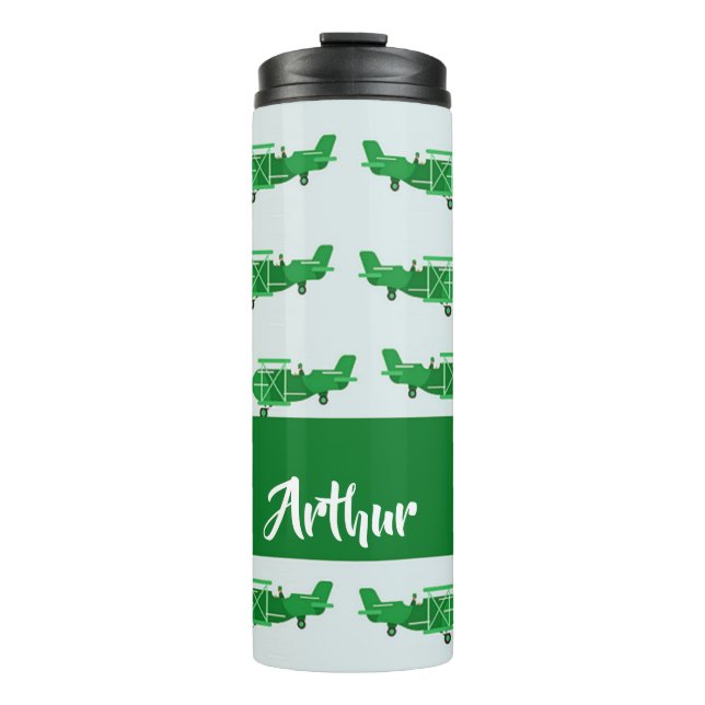 Garrafa Térmica Aviões voadores verdes em azul (Frente)