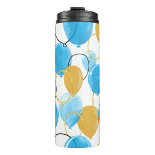 Garrafa Térmica Azul-aquarela e balões de ouro com brilho
