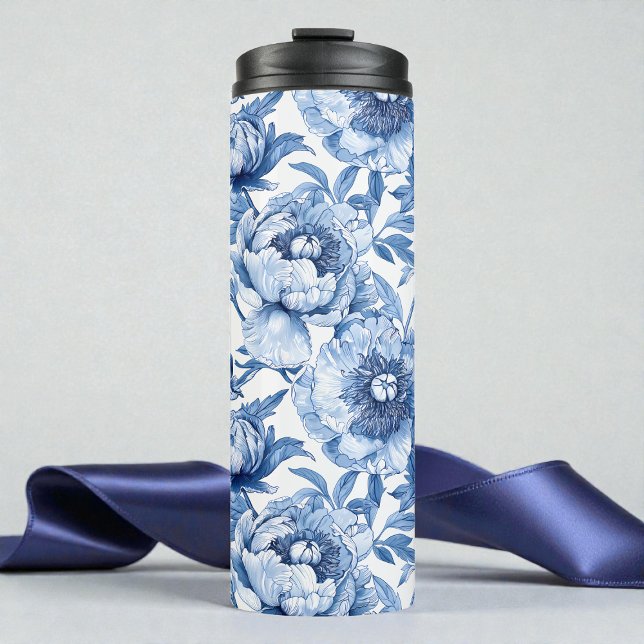 Garrafa Térmica Azul Botânico Arte Floral Novo Porcelana Flor (Botanical Blue Floral Art Nouveau Porcelain Flower Thermal Tumbler)