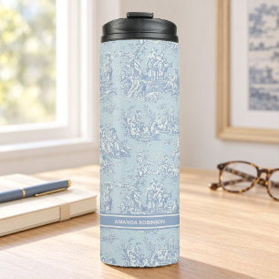 Garrafa Térmica Azul cinza vintage estampado toile de jouy