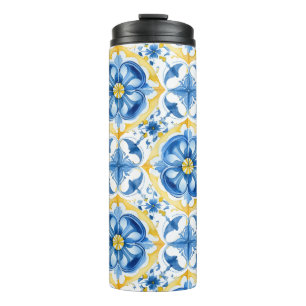 Garrafa Térmica 💛 💙 Azul e amarelo, floral de aquarela Azulejos