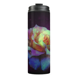 Garrafa Térmica Azul e Amarelo, Rosa beijado sobre fumaça violeta