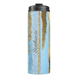 Garrafa Térmica Azul e Tumbler Dourado do Thermal das listras do