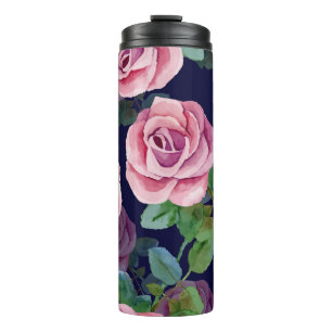 Garrafa Térmica Azul Escuro, Rosas Rosa Aquarela.