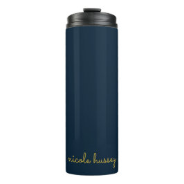 Garrafa Térmica Azul Marinho Dourado Script | Monograma Moderno El