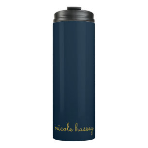 Garrafa Térmica Azul Marinho Dourado Script Monograma Moderno El