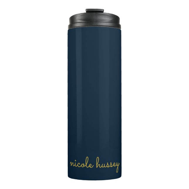 Garrafa Térmica Azul Marinho Dourado Script | Monograma Moderno El (Frente)