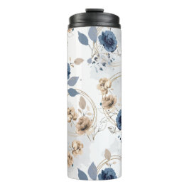 Garrafa Térmica Azul Marinho Elegante e Floral Dourado Aquarela