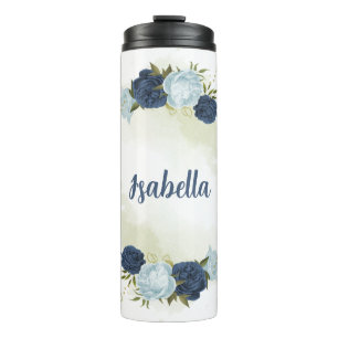 Garrafa Térmica azul marinho empoeirado floral verdejante