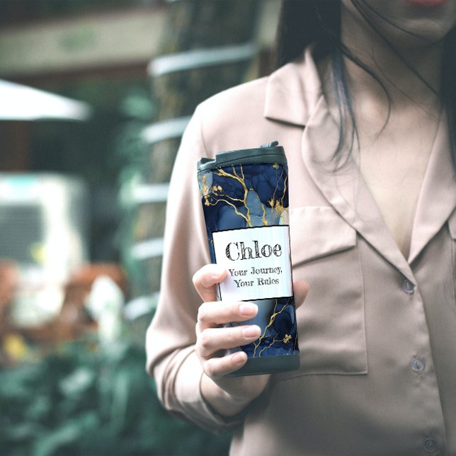 Garrafa Térmica Azul Mármore e Dourado Sua Jornada, Suas Regras (Criador carregado)