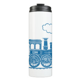 Garrafa Térmica Azul no trem a vapor branco Crianças com nome pers