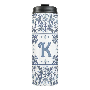 Garrafa Térmica Azul Padrão Gráfico Floral Chique Personalizado